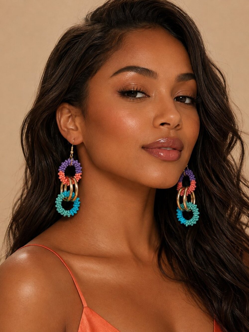 Colorful Beaded Multi-Hoop Drop Earrings - Picture 6 of 6